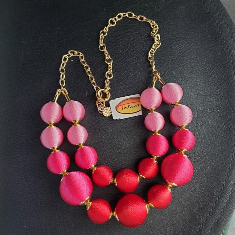 Talbots Pink Red Silk Thread Wrapped Bead Double Strand Statement Necklace Gold